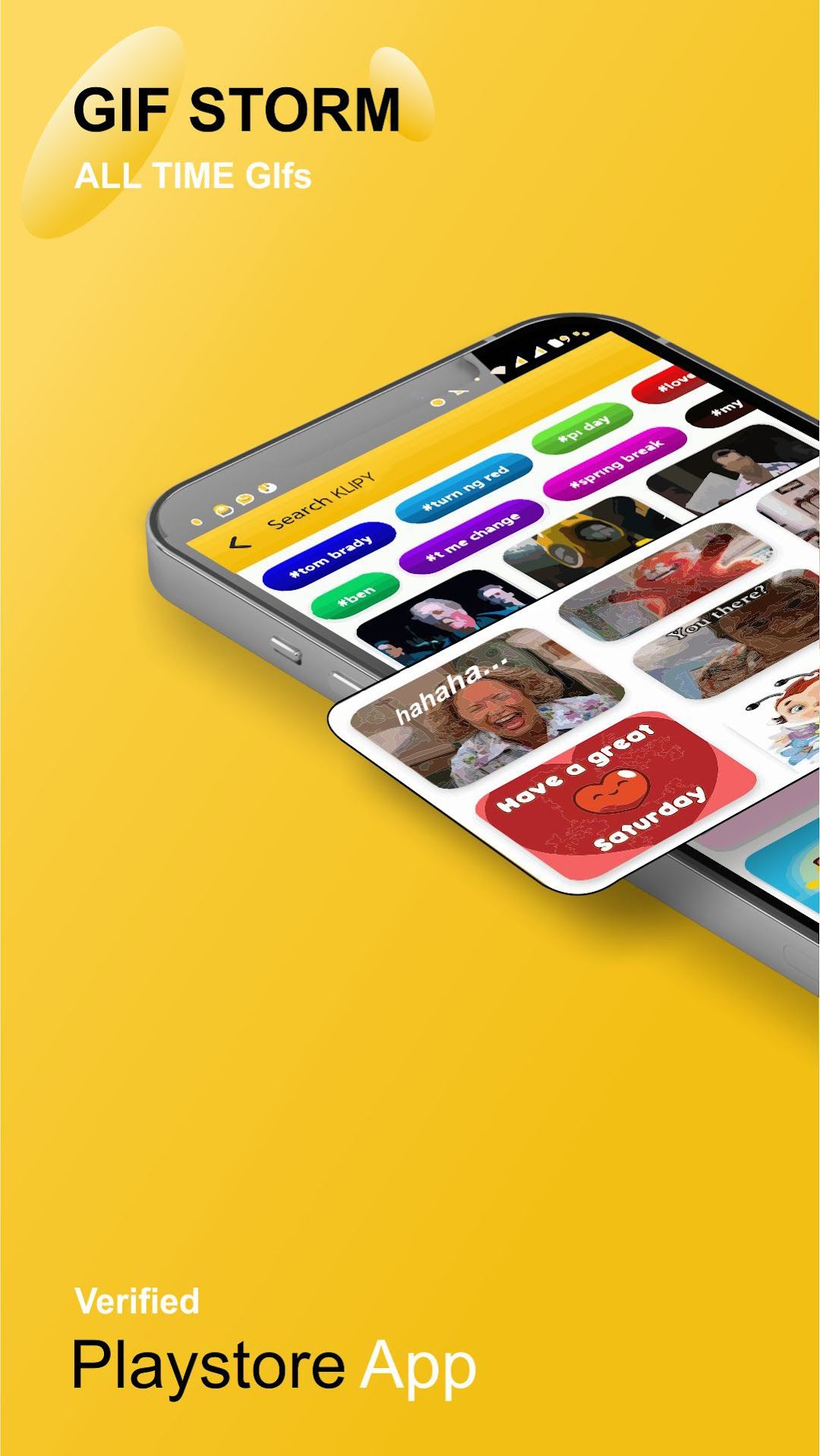 GIF STORM promotional image showing a phone with colourful category tags and a grid of GIFs