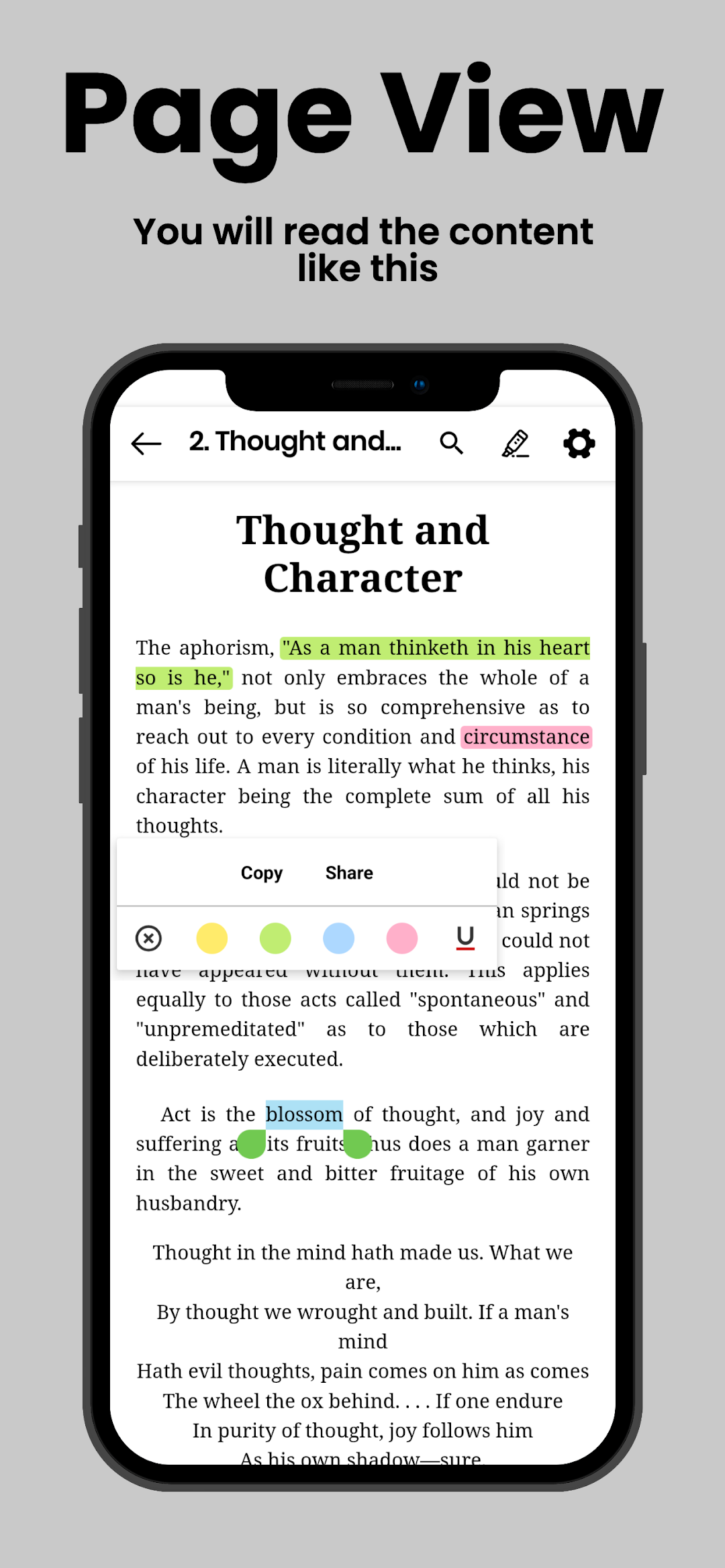 The chapter Thought and Character open in the reader, with highlighted lines