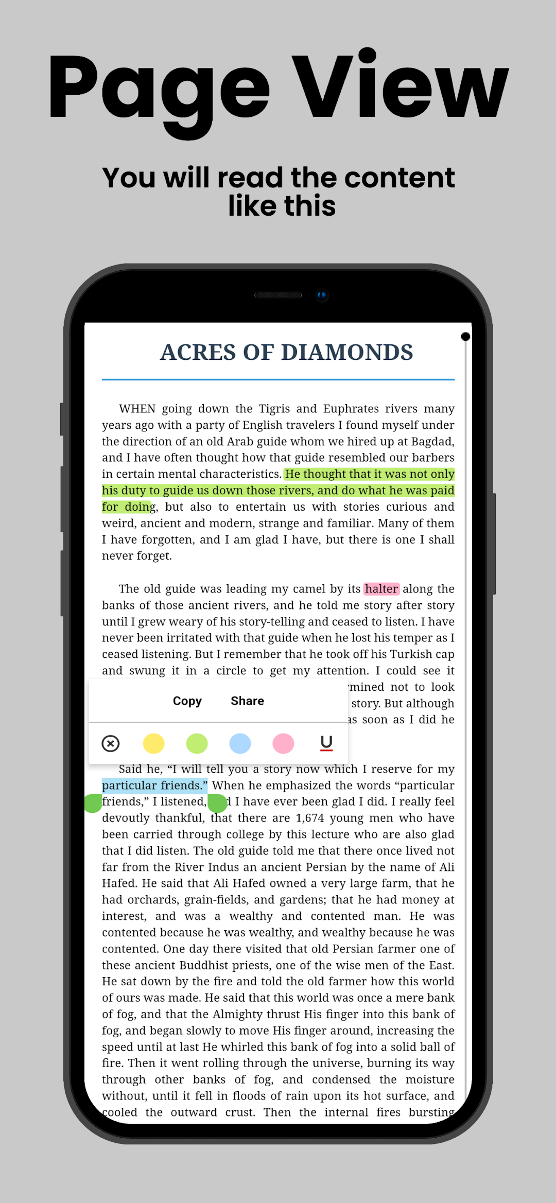 The Acres of Diamonds chapter open in the reader, with highlighted lines
