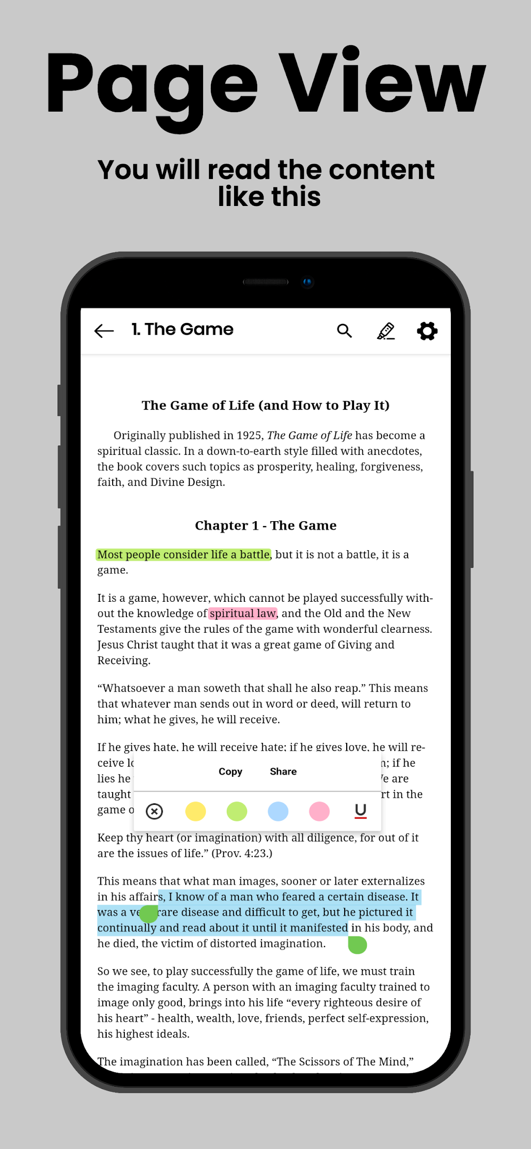 Chapter 1, The Game, open in the reader with highlighted passages