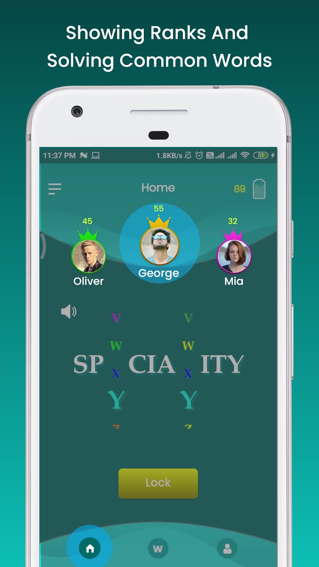 The Word Flick home screen with the top three players and a word puzzle in progress