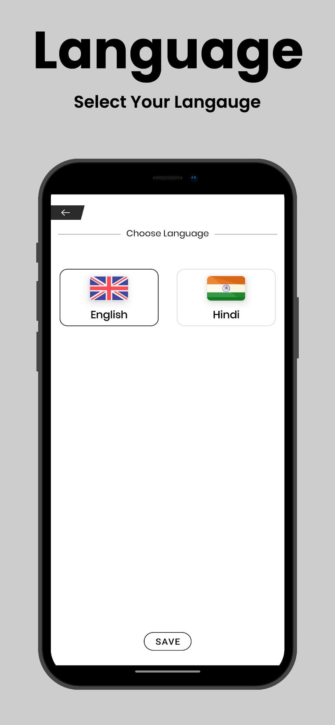 Language screen where you choose between English and Hindi