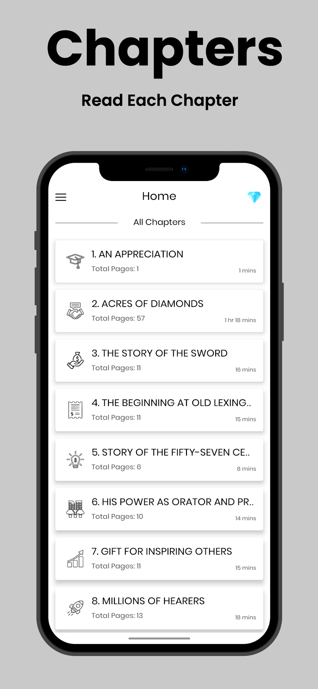 Chapter list including An Appreciation, Acres of Diamonds and The Story of the Sword