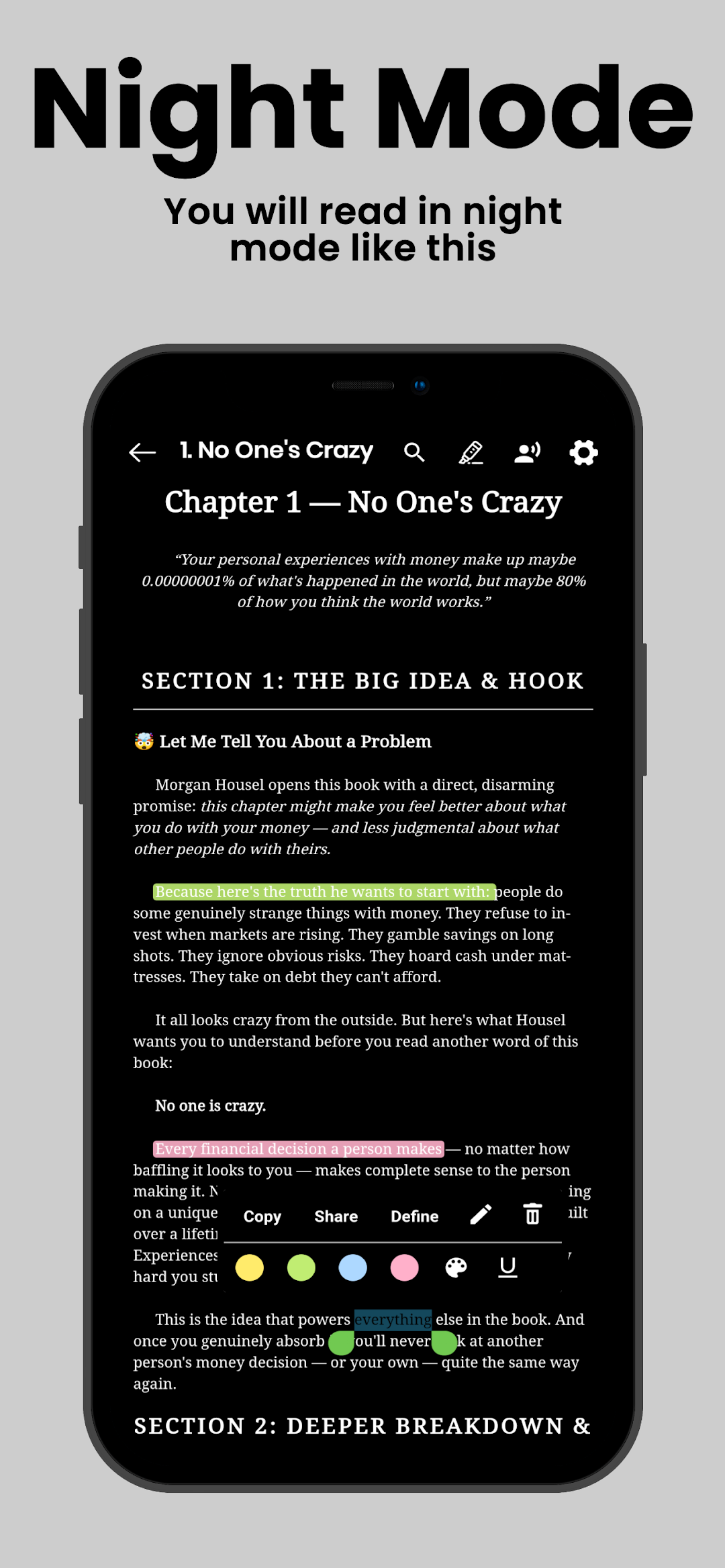 The first chapter summary in night mode