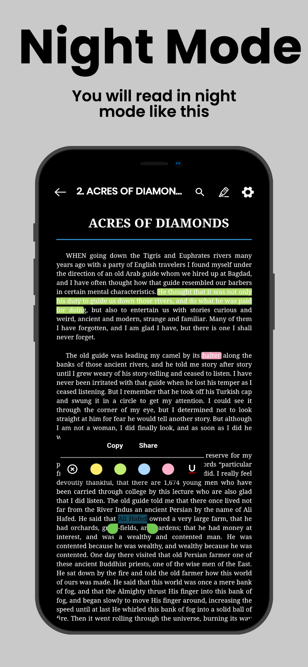 The Acres of Diamonds chapter in night mode
