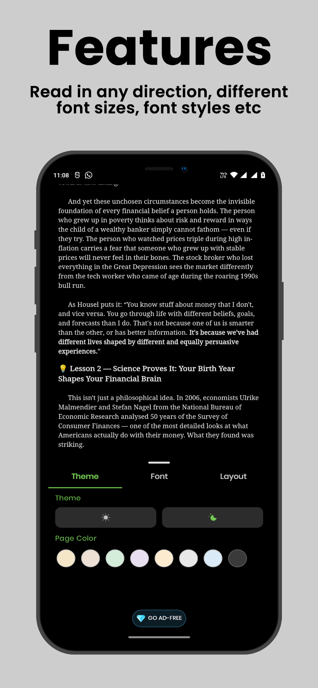 Reading settings for theme, font, layout and page colour