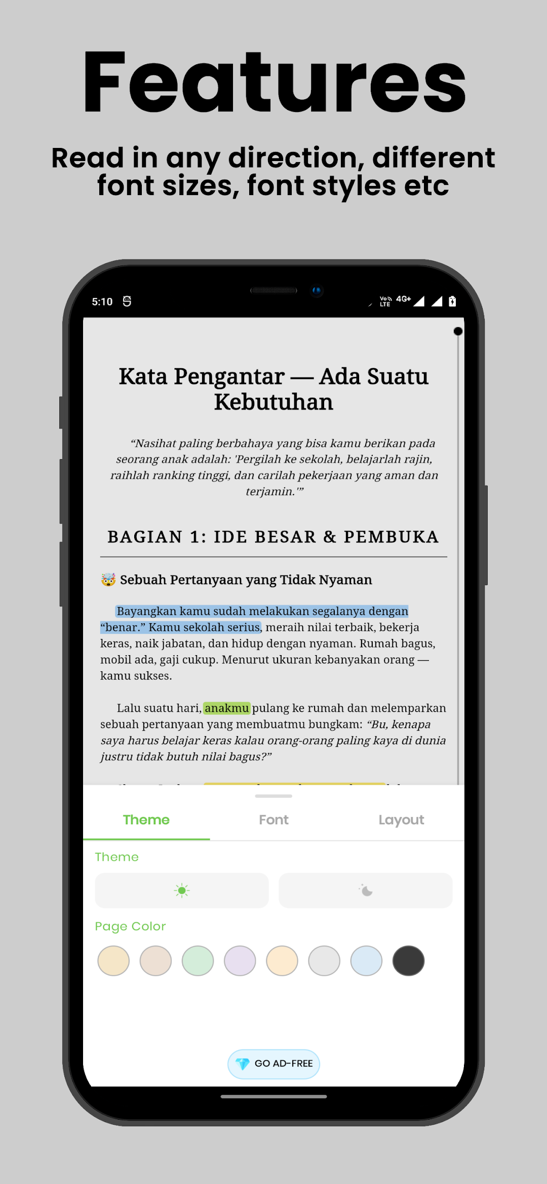 Reading settings with theme, font, layout and page colour options