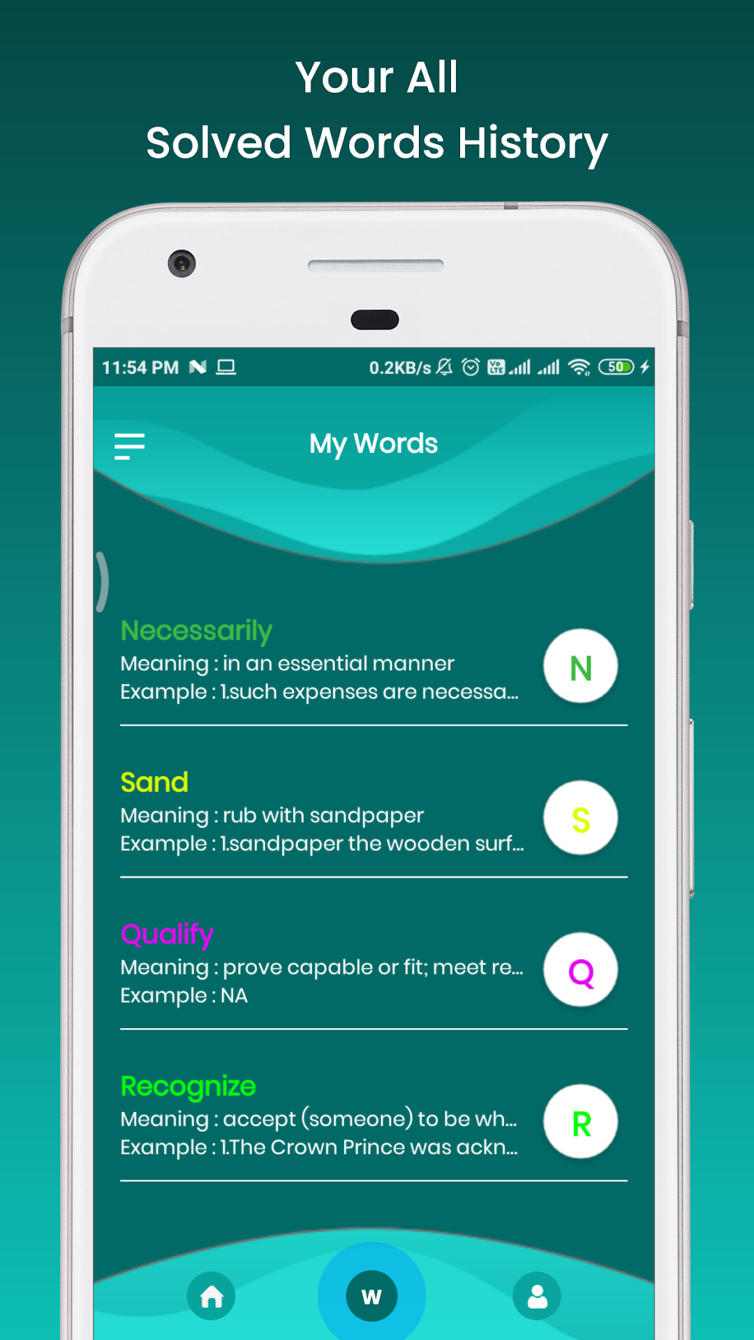 The My Words screen listing solved words with meanings and example sentences
