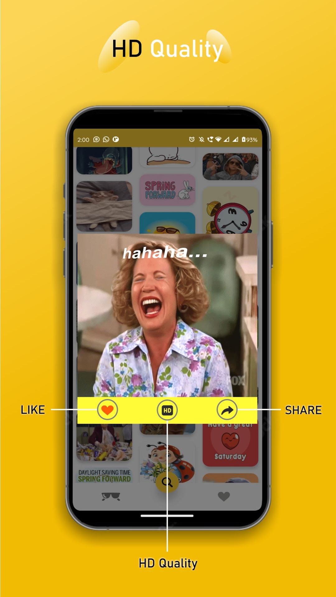 A GIF opened full size in HD quality with like and share buttons